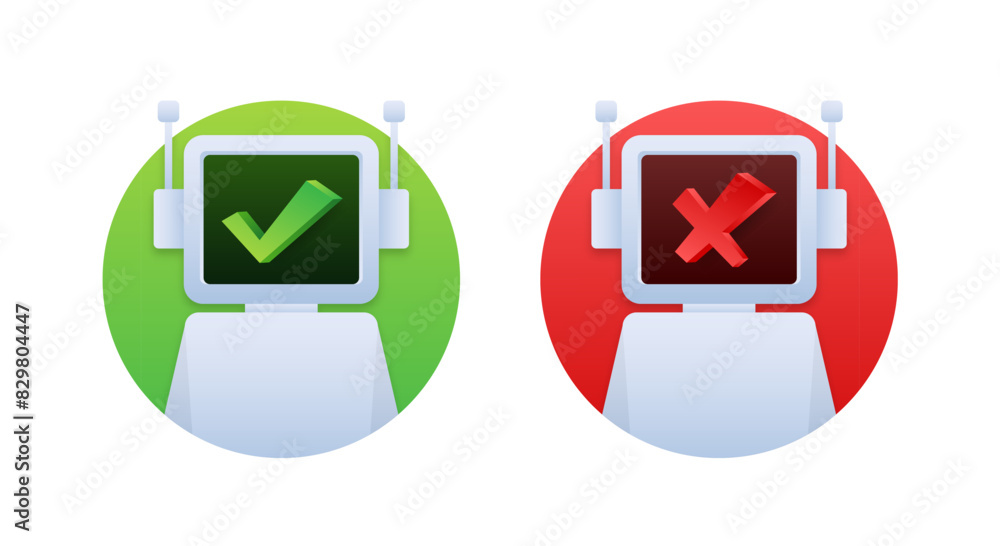 Poster Robots with Yes and No signs on their displays. Please check robot. Chat bot.