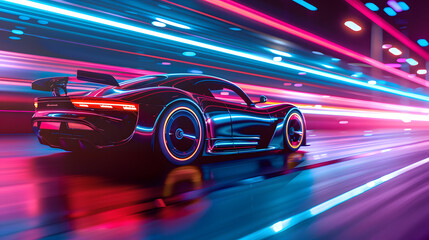 Fototapeta premium Futuristic clean energy car driving fast with colorful light trails