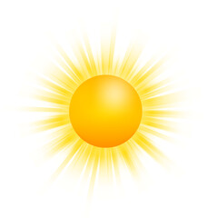 Realistic sun with rays icon for weather design. Hot temperature. Sunshine symbol. Vector stock illustration.