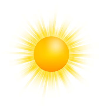 Realistic sun with rays icon for weather design. Hot temperature. Sunshine symbol. Vector stock illustration.