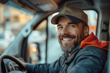 smiling driver sitting in the van or car