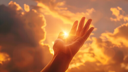 Hand reaching out for help in front of bright sunset sky