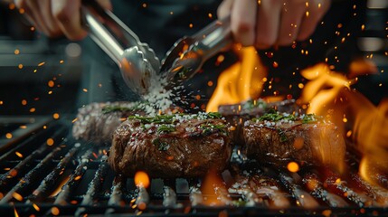 Closeup of a professional chef grilling steaks on the grill. Using tongs and a salt shaker to season the meat over the fire in a restaurant kitchen. Sizzling flames and the detailed texture of the ste