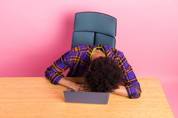 Photo of guy worker feel tired sleep on desk laptop isolated pastel color background