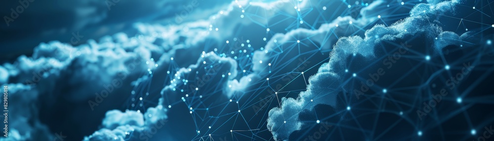 Poster futuristic digital cloud composed of interconnected networks and glowing nodes, symbolizing data and
