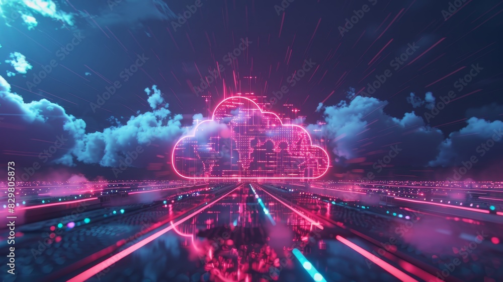 Poster futuristic digital cloud computing concept with neon lights, depicting data transfer and storage in 