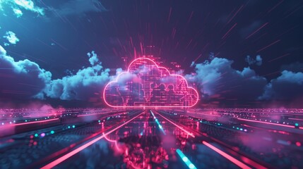 Futuristic digital cloud computing concept with neon lights, depicting data transfer and storage in a high-tech environment.