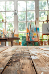  Wooden table in art studio with inspirational background