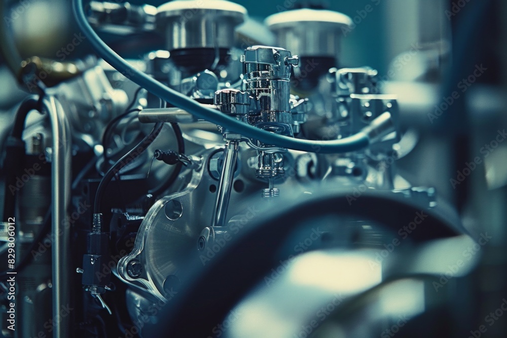 Poster detailed look at the intricate machinery of an engine being assembled in a factory, showcasing the p