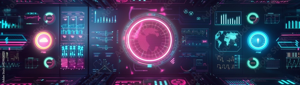 Poster futuristic digital interface with data visualization, holographic displays, and advanced technology.