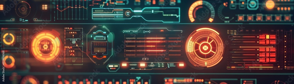 Poster futuristic digital interface with glowing neon elements and intricate design, perfect for tech and s