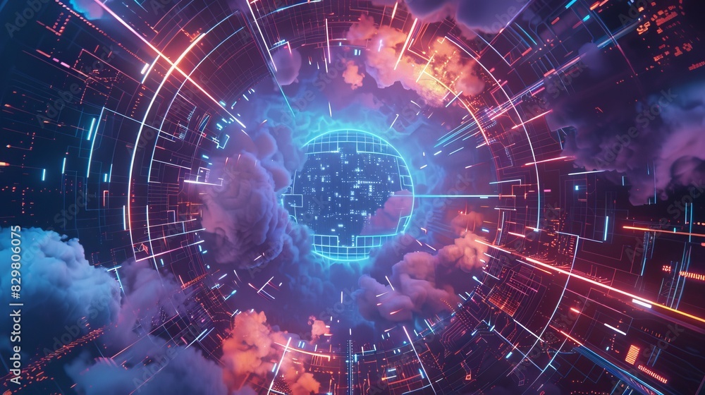 Aufkleber futuristic digital interface with vibrant colors, glowing lines, and geometric shapes. high-tech vis