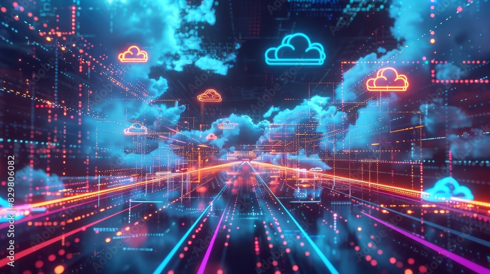 Poster futuristic digital landscape with cloud computing and neon lights representing data networks, techno