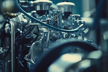 detailed look at the intricate machinery of an engine being assembled in a factory, showcasing the precision and complexity of modern manufacturing processes.