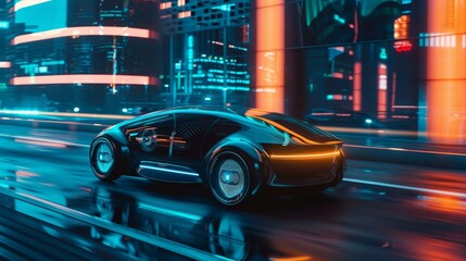 Futuristic electric car driving through neon-lit city streets at night, representing advanced technology and urban innovation.