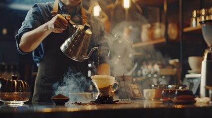 The skilled barista, a master of his craft, delicately pours hot water from the kettle onto the freshly ground coffee, creating a mesmerizing display of coffee brewing in motion.