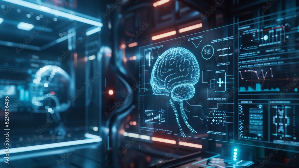 Aufkleber futuristic laboratory with digital brain interface. advanced technology, ai research, and neuroscien