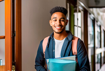 JOVEM ESTUDANTE SORRINDO SEGURANDO LIVROS E CADERNOS EM UM CONCEITO DE VOLTA &Agrave;S AULAS E ENSINO SUPERIOR, UNIVERSIT&Aacute;RIO E PREPARAT&Oacute;RIO PARA CONCURSO P&Uacute;BLICO