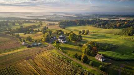 Naklejka premium The view from above captures a serene countryside, where patchwork fields of varying shades of green and gold are bordered by hedgerows