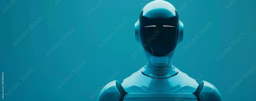 Poster futuristic robot with a sleek design, showcasing advanced ai technology in front of a blue backgroun