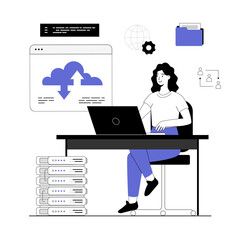 SaaS concept, Software as a service. Cloud computing and storage, online subscription to programs. Vector illustration with line people for web design.