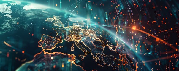 Futuristic technology concept with a glowing, connected European continent on a digital globe, symbolizing global connectivity and innovation.