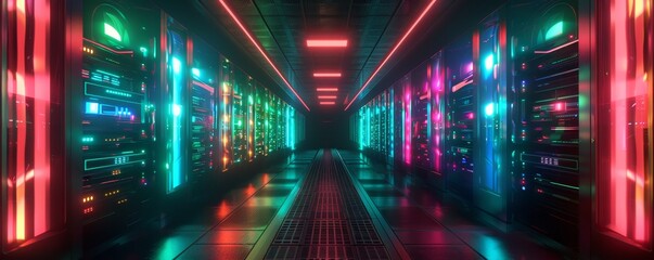 Glowing futuristic data center corridor with colorful server racks and neon lights, representing advanced technology and connectivity.