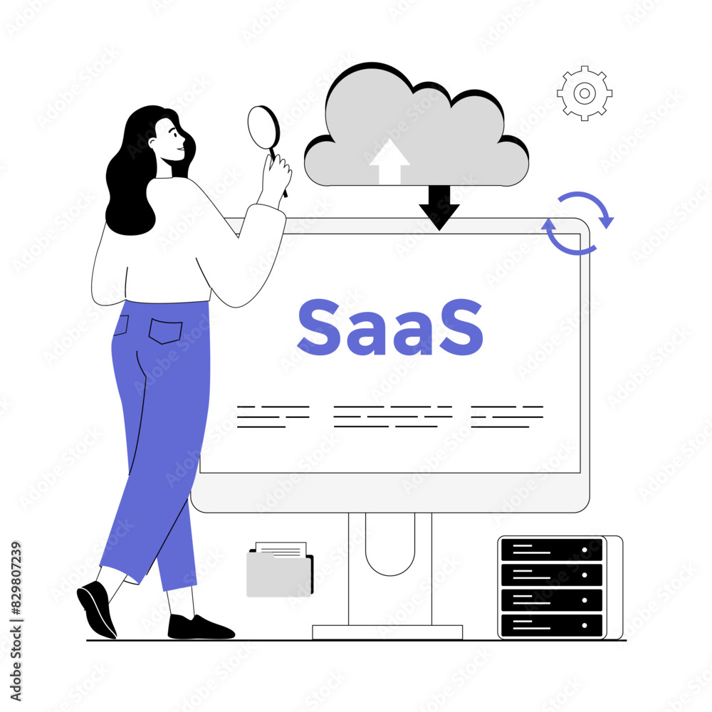 Poster saas concept, software as a service. cloud computing and storage, online subscription to programs. v