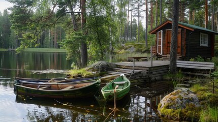 Obraz premium This camping site in Finland features a pier where motor boats, cutters, and small fishing rowing boats are moored. The lush forest backdrop provides a perfect environment 