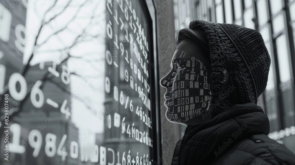 Poster man in winter hat looking at digital numbers on a glass surface, representing technology and data in