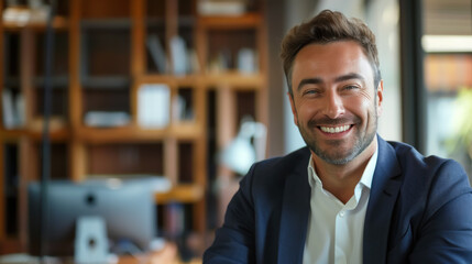 Fototapeta premium Happy Businessman, Smiling businessman in office, Success and Achievement, Professional Joy 