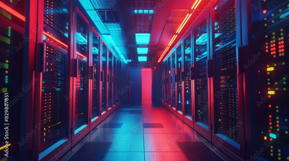 Aufkleber modern data center with vibrant led lights illuminating server racks, showcasing advanced infrastruc