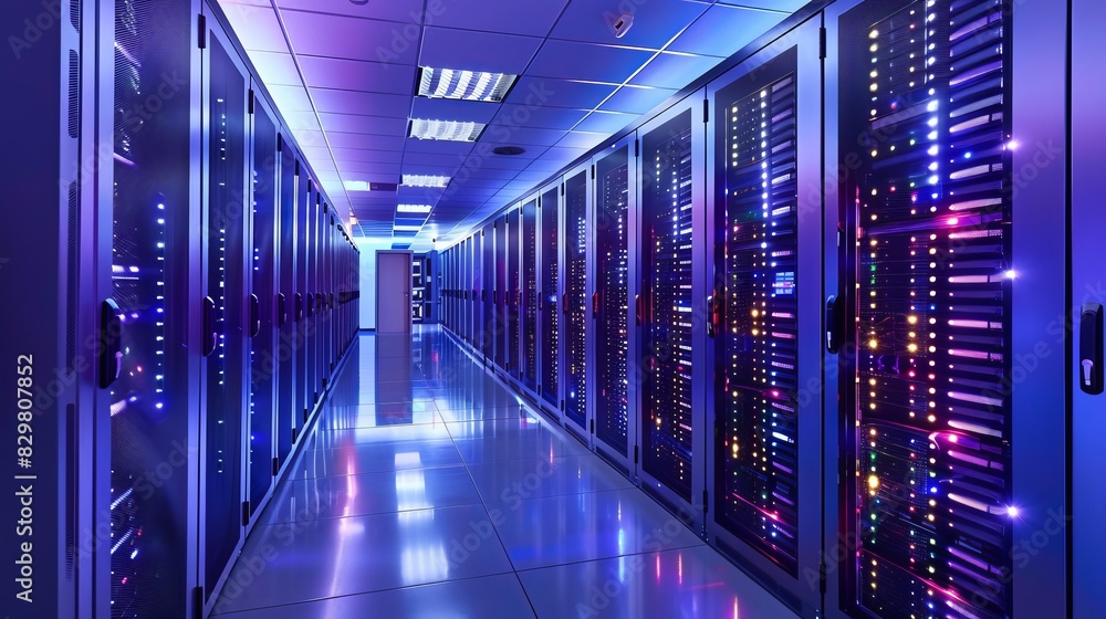 Poster modern data center with rows of server racks illuminated by blue and purple lights, showcasing advan