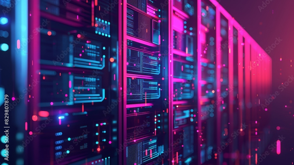 Poster modern data server room in neon lighting, showcasing advanced technology and digital connectivity. i