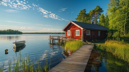 Fototapeta premium This scene features a traditional wooden sauna cottage on a Finnish lake, with a nearby pier and fishing boat. The vibrant summer landscape 