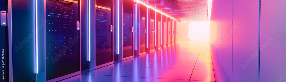 Aufkleber modern data center with glowing neon lights and server racks, showcasing advanced technology and inf