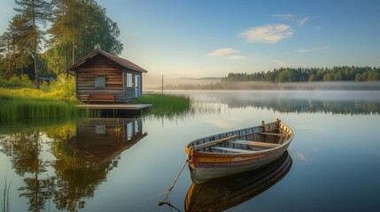 Fototapeta premium This tranquil summer scene showcases a traditional Finnish sauna cottage made of wood by a serene lake. The pier and fishing boat add to 