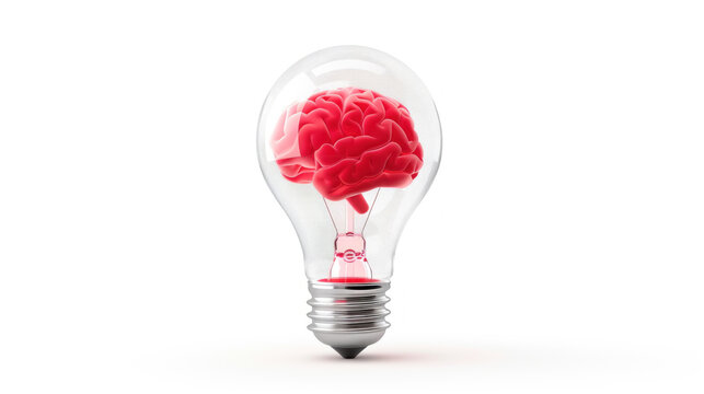 Red Light Bulb, Light bulb with red brain inside, Creativity and Ideas, Bright Innovation 