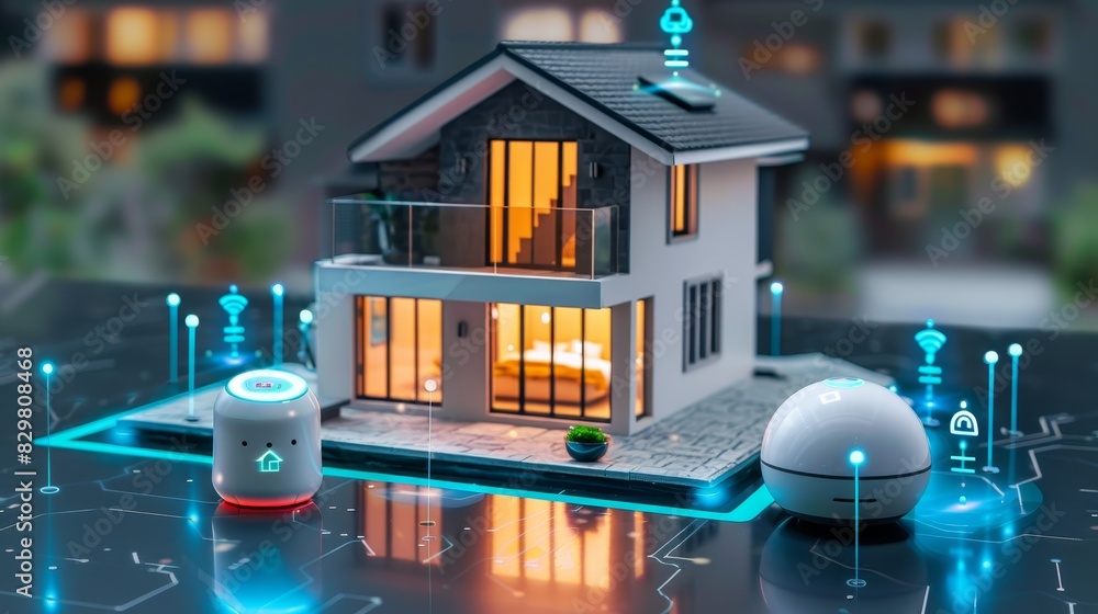 Poster modern smart home technology system with interconnected devices. digital home automation and futuris