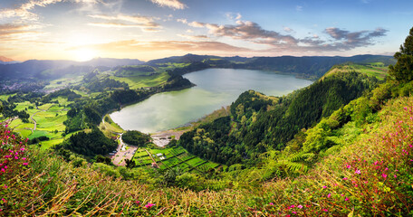 Furnas Lake, crater lake in the volcanic formation of Furnas, panoramic view from Pico do Ferro,...