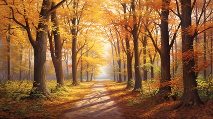 Fototapeta premium Beautiful autumn forest path lined with tall trees and fallen leaves, bathed in warm sunlight, creating a serene and picturesque natural scene.