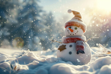 Fototapeta premium Snowman, Snowman in a snowy landscape, Winter and Fun, Holiday Cheer 