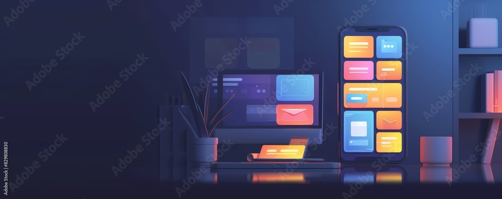 Poster modern workspace with desktop computer and smartphone displaying colorful applications in a dark roo