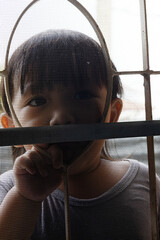 Child Standing Behind Mosquito Wire Screen