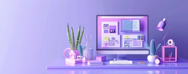 Modern workspace with computer and stylish accessories in purple tones, featuring plants, decor items, and office supplies, ready for productivity.