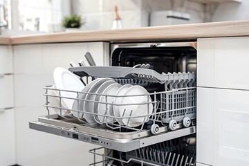Modern kitchen harmony  dishwasher efficiency in soft light symbolizes technology and comfort fusion