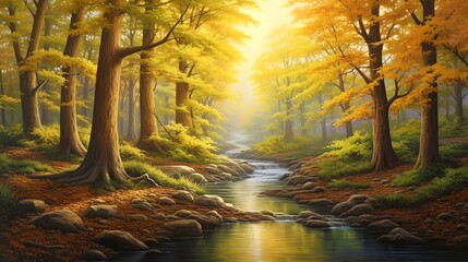 Obraz premium A serene forest stream flows through a vibrant autumn woodland illuminated by soft, golden sunlight, offering a peaceful natural landscape.