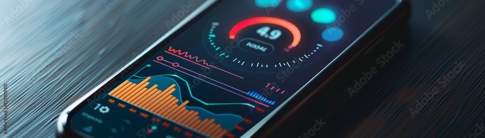 Poster smartphone displaying financial analytics with graphs and data visualization on a dark wooden table,