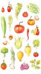 Colorful watercolor illustrations of various vegetables like peppers, tomatoes, lettuce, and broccoli on a white background.