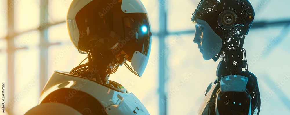 Poster two futuristic robots facing each other, illuminated by soft light, highlighting their advanced tech